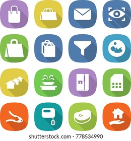 flat vector icon set - shopping bag vector, mail, eye identity, funnel, pregnancy, houses, fountain, fridge, sim card, walnut crack, mixer, steake, housing