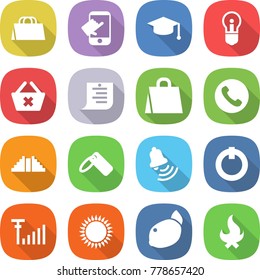 flat vector icon set - shopping bag vector, touch, graduate hat, bulb, delete cart, list, phone, pyramid, label, bell, on off button, antenna signal, gas oven, lemon, fire