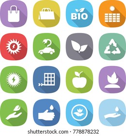 flat vector icon set - shopping bag vector, bio, sun power, electric car, leafs, recycle, solar, panel, apple, sprouting, hand leaf, drop, ecology, and