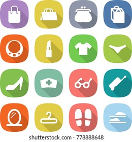 flat vector icon set - shopping bag vector, purse, necklace, lipstick, t shirt, underpants, shoes, medical hat, pacemaker, suitcase, mirror, hanger, slippers
