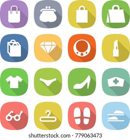 flat vector icon set - shopping bag vector, purse, diamond, necklace, lipstick, t shirt, underpants, shoes, medical hat, pacemaker, hanger, slippers