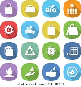 flat vector icon set - shopping bag vector, bio, sun power, eco car, recycle, solar, panel, sprouting, hand leaf, drop, ecology