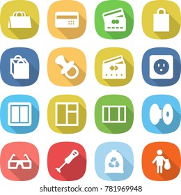 flat vector icon set - shopping bag vector, credit card, nipple, power socket, switch, window, coil, 3d glasses, blender, garbage, trash