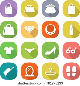 flat vector icon set - shopping bag vector, purse, diamond, necklace, lipstick, t shirt, underpants, shoes, pacemaker, suitcase, mirror, hanger, slippers