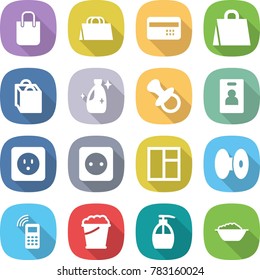 flat vector icon set - shopping bag vector, credit card, cleanser, nipple, identity, power socket, window, coil, mobile phone, foam bucket, liquid soap, basin