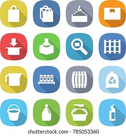 flat vector icon set - shopping bag vector, loading crane, package box, cargo search, pallet, measuring cup, spices, barrel, garbage, bucket, cleanser, washing powder, toilet