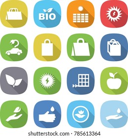 flat vector icon set - shopping bag vector, bio, sun power, electric car, leafs, solar, panel, apple, hand leaf, drop, ecology, and