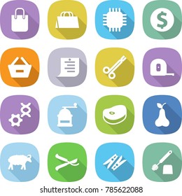 flat vector icon set - shopping bag vector, chip, dollar coin, remove from basket, list, surgical clamp, measuring tape, dna edit, hand mill, steake, pear, sheep, pruner, clothespin, toilet brush