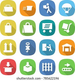 flat vector icon set - shopping bag vector, delivery, courier, parachute, cargo stoller, top sign, do not hook, warehouse, package, pallet, conveyor