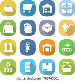 flat vector icon set - shopping bag vector, delivery, warehouse, gift, box, trolley, cargo top sign, do not hook, conveyor, pasta, package, washing powder