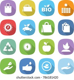flat vector icon set - shopping bag vector, bio, sun power, eco car, recycle, solar, apple, sprouting, hand leaf, drop, ecology, and