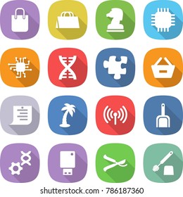 flat vector icon set - shopping bag vector, chess horse, chip, dna, puzzle, remove from basket, list, palm, wireless, scoop, edit, usb flash, pruner, toilet brush