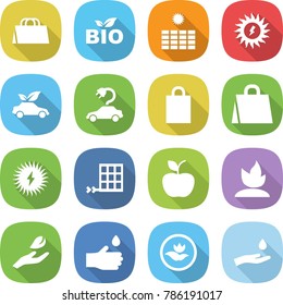 flat vector icon set - shopping bag vector, bio, sun power, eco car, electric, solar, panel, apple, sprouting, hand leaf, drop, ecology, and