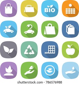 flat vector icon set - shopping bag vector, bio, sun power, eco car, electric, leafs, recycle, solar panel, apple, sprouting, hand leaf, ecology, and drop