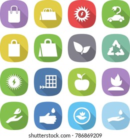 flat vector icon set - shopping bag vector, sun power, electric car, leafs, recycle, solar, panel, apple, sprouting, hand leaf, drop, ecology, and