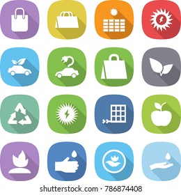 flat vector icon set - shopping bag vector, sun power, eco car, electric, leafs, recycle, solar, panel, apple, sprouting, hand drop, ecology, and