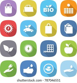 flat vector icon set - shopping bag vector, bio, sun power, eco car, leafs, solar, panel, apple, hand leaf, drop, ecology, and
