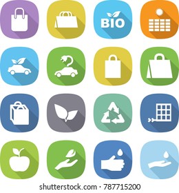 flat vector icon set - shopping bag vector, bio, sun power, eco car, electric, leafs, recycle, solar panel, apple, hand leaf, drop, and