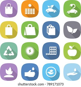 flat vector icon set - shopping bag vector, sun power, eco car, electric, leafs, recycle, solar, panel, apple, sprouting, hand drop, ecology, and