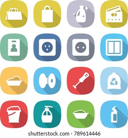 flat vector icon set - shopping bag vector, cleanser, credit card, identity, power socket, switch, washing, coil, blender, garbage, foam bucket, liquid soap, basin, toilet