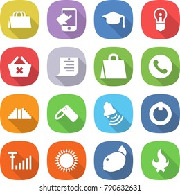 flat vector icon set - shopping bag vector, touch, graduate hat, bulb, delete cart, list, phone, pyramid, label, bell, on off button, antenna signal, gas oven, lemon, fire