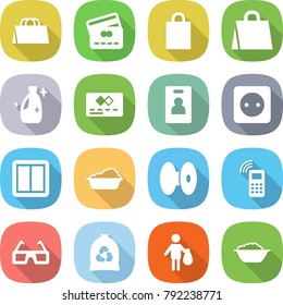 flat vector icon set - shopping bag vector, credit card, cleanser, identity, power socket, switch, washing, coil, mobile phone, 3d glasses, garbage, trash, foam basin