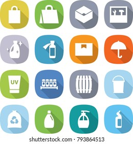 flat vector icon set - shopping bag vector, box, tools, cleanser, potion bottle, package, dry cargo, uv cream, spices, barrel, bucket, garbage, liquid soap, toilet