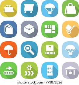 flat vector icon set - shopping bag vector, delivery, parachute, box, consolidated cargo, trolley, dry, search, transporter tape, conveyor, pasta, warehouse