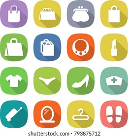 flat vector icon set - shopping bag vector, purse, necklace, lipstick, t shirt, underpants, shoes, medical hat, suitcase, mirror, hanger, slippers