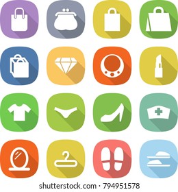 flat vector icon set - shopping bag vector, purse, diamond, necklace, lipstick, t shirt, underpants, shoes, medical hat, mirror, hanger, slippers