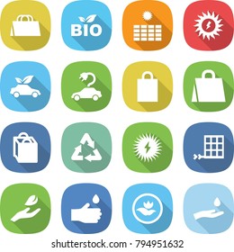 flat vector icon set - shopping bag vector, bio, sun power, eco car, electric, recycle, solar, panel, hand leaf, drop, ecology, and