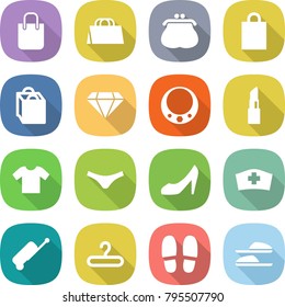 flat vector icon set - shopping bag vector, purse, diamond, necklace, lipstick, t shirt, underpants, shoes, medical hat, suitcase, hanger, slippers