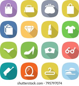 flat vector icon set - shopping bag vector, purse, diamond, lipstick, t shirt, underpants, shoes, medical hat, pacemaker, suitcase, mirror, hanger, slippers