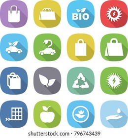 flat vector icon set - shopping bag vector, bio, sun power, eco car, electric, leafs, recycle, solar, panel, apple, ecology, hand and drop