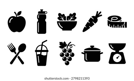 Flat vector icon set showcasing healthy food choices including salad bowl carrot apple and grapes. Features essential kitchen tools like cooking pot weight scale and measuring tape for fitness tracking. High quality design elements for grocery apps nutrition blogs and organic market branding.