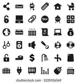 Flat vector icon set - shower vector, ladle, cutting board, bbq, notebook pc, certificate, world, money bag, dollar sign, measuring, molecule, gymnast rings, route, barcode, speaker, equalizer, rca