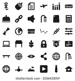 Flat vector icon set - shower vector, cutting board, notebook pc, certificate, world, document, constellation, dollar flag, tie, skateboard, target, molecule, cereals, earth, plane, no hook, speaker