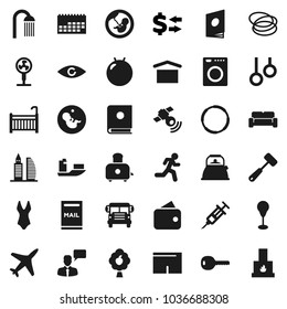Flat vector icon set - shower vector, kettle, meat hammer, toaster, school bus, exchange, punching bag, fitball, shorts, swimsuite, hoop, gymnast rings, run, plane, ship, calendar, dry cargo, eye