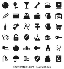 Flat vector icon set - shower vector, kettle, toaster, jug, cake, school building, jump rope, punching bag, fitball, shorts, hoop, glass, umbrella, tulip, syringe, broken bone, shield, key, cottage