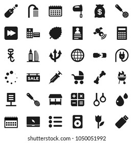 Flat vector icon set - shower vector, skimmer, mixer, bbq, calculator, personal information, leaf, calendar, gymnast rings, no hook, tulip, satellitie, notebook pc, speaker, forward button, jack