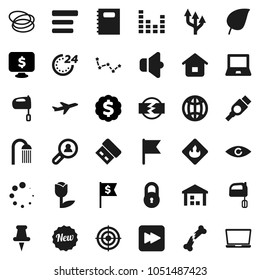 Flat vector icon set - shower vector, mixer, copybook, notebook pc, flag, leaf, constellation, dollar medal, monitor, target, hoop, plane, tulip, warehouse, flammable, speaker, equalizer, thumbtack