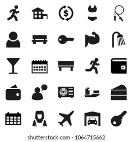 Flat vector icon set - shower vector, cleaner woman, cake, exchange, wallet, calendar, jump rope, muscule hand, swimsuite, run, plane, ship, glass, speaking man, bench, user, cottage, garage, key