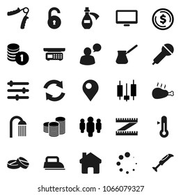 Flat vector icon set - shower vector, turk coffee, thermometer, chicken leg, dollar coin, japanese candle, stack, man, measuring, hand trainer, microphone, speaking, monitor, pills, potion, home