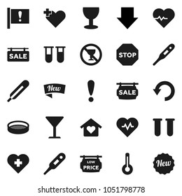 Flat vector icon set - sieve vector, arrow down, heart pulse, no alcohol sign, cross, attention, glass, thermometer, vial, undo, stop, sale signboard, low price, love home, new