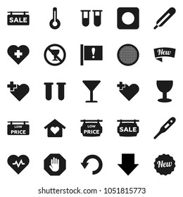 Flat vector icon set - sieve vector, arrow down, heart pulse, no alcohol sign, cross, attention, glass, rec button, thermometer, vial, undo, stop, sale signboard, low price, love home, new
