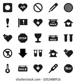 Flat vector icon set - sieve vector, arrow down, heart pulse, prohibition sign, no alcohol, cross, attention, glass, rec button, thermometer, vial, stop, sale signboard, low price, love home, new