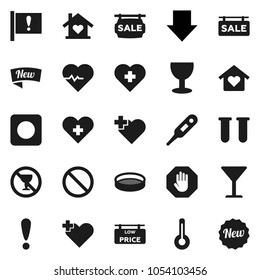 Flat vector icon set - sieve vector, arrow down, heart pulse, prohibition sign, no alcohol, cross, attention, glass, rec button, thermometer, vial, stop, sale signboard, low price, love home, new