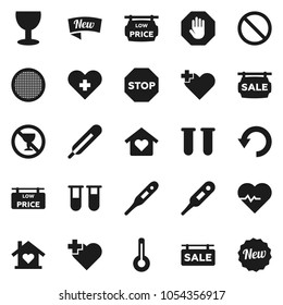 Flat vector icon set - sieve vector, heart pulse, prohibition sign, no alcohol, cross, glass, thermometer, vial, undo, stop, sale signboard, low price, love home, new