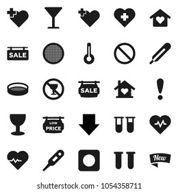 Flat vector icon set - sieve vector, arrow down, heart pulse, prohibition sign, no alcohol, cross, attention, glass, rec button, thermometer, vial, sale signboard, low price, love home, new