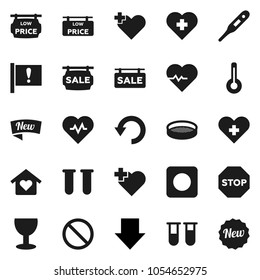 Flat vector icon set - sieve vector, arrow down, heart pulse, prohibition sign, cross, attention, glass, rec button, thermometer, vial, undo, stop, sale signboard, low price, love home, new